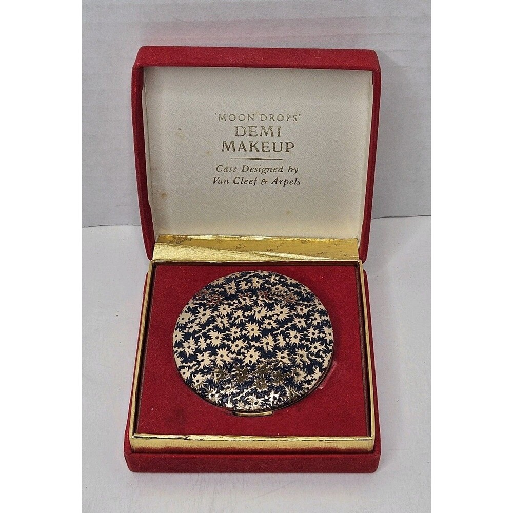 Vtg Revlon Moon Drops Demi Makeup Compact w/ Box Van Cleef & Arpels Blue Floral - Picture 1 of 6
